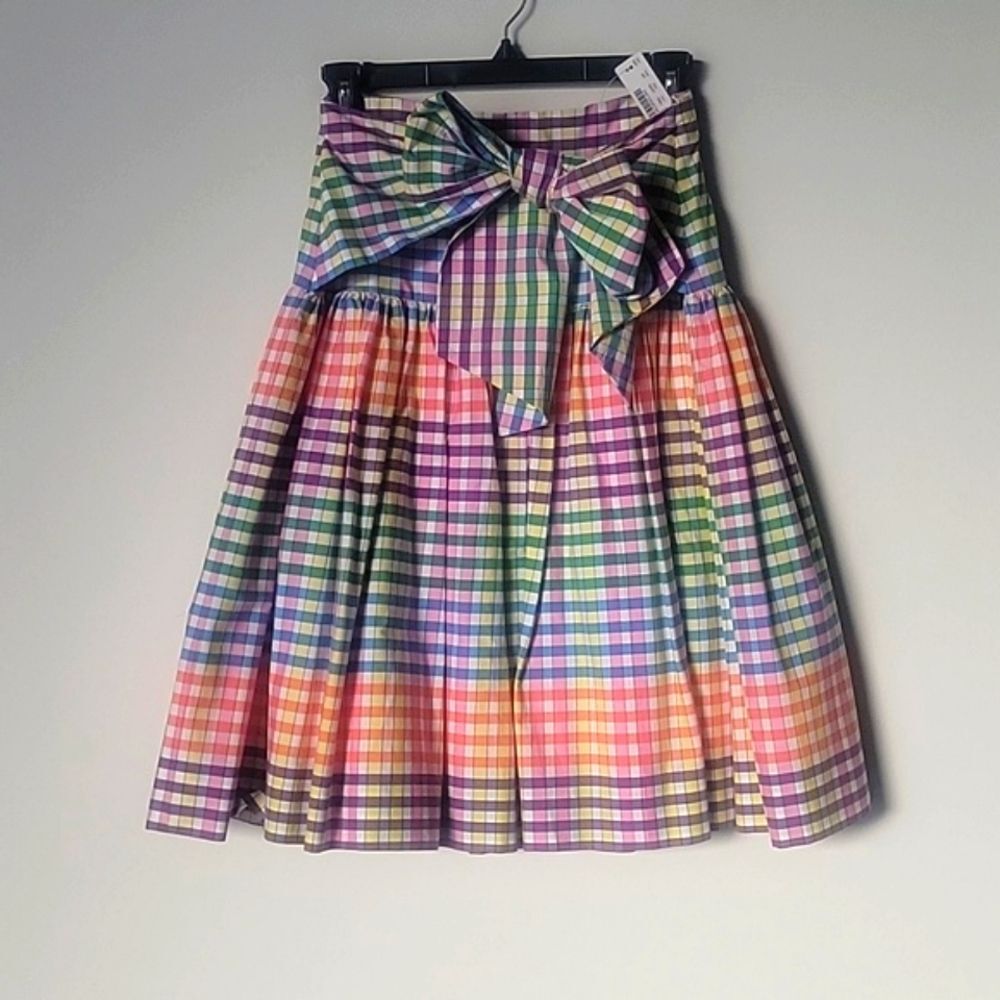NWT J Crew 0 Bow Tie Coquette Pleated Preppy Midi Full Skirt Gingham Retro 60s